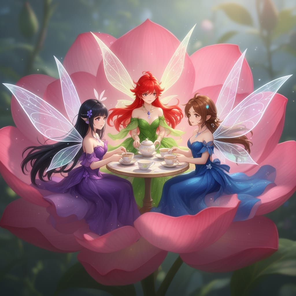 Fairies Enjoy Tea Party in Giant Flower, 3D Anime Style