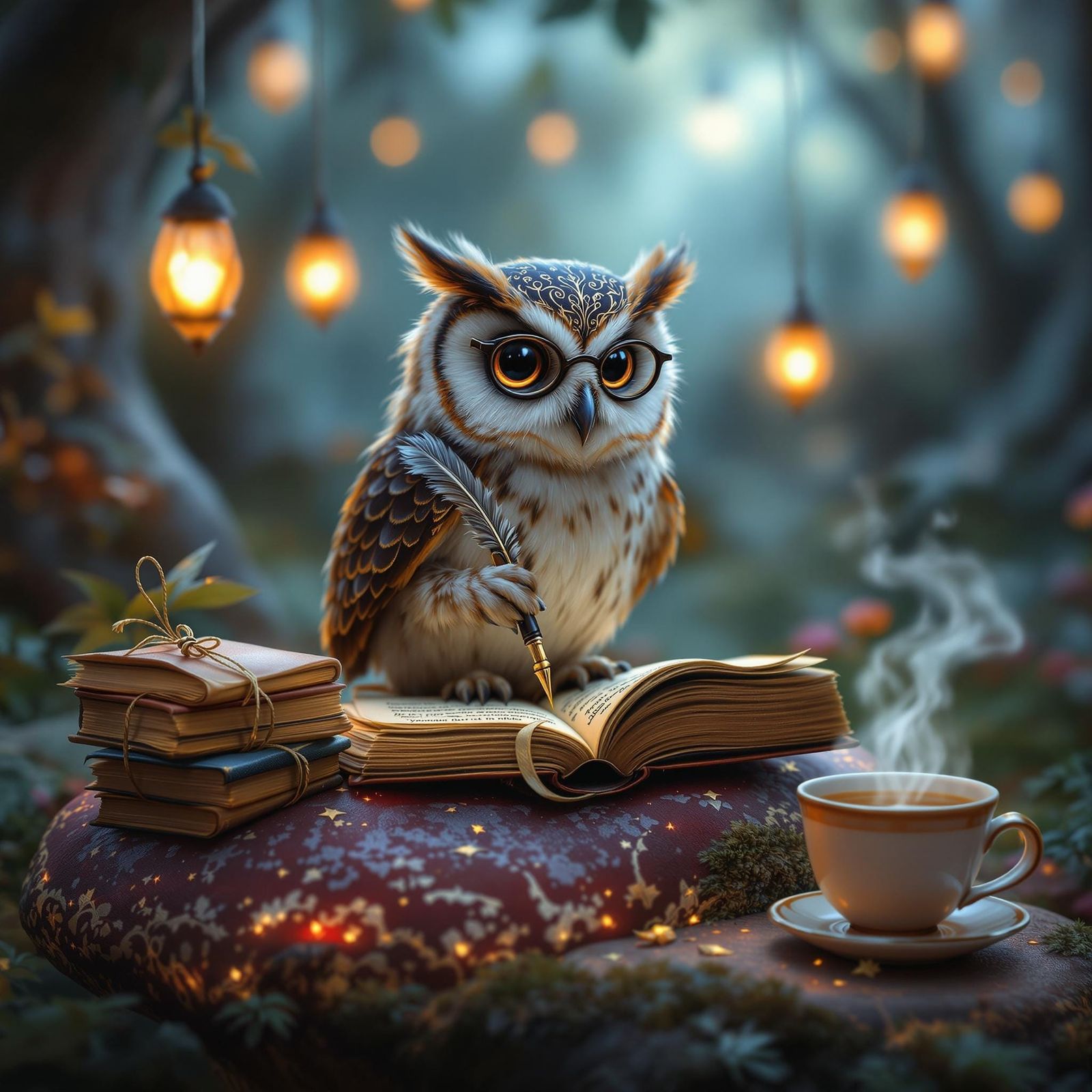 Delicate Owl Scribes in Whimsical Fantasy Scene