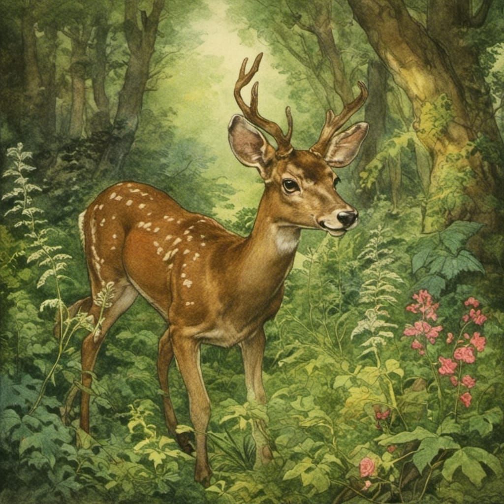 Deer in Sunlit Glade Fairytale Scene