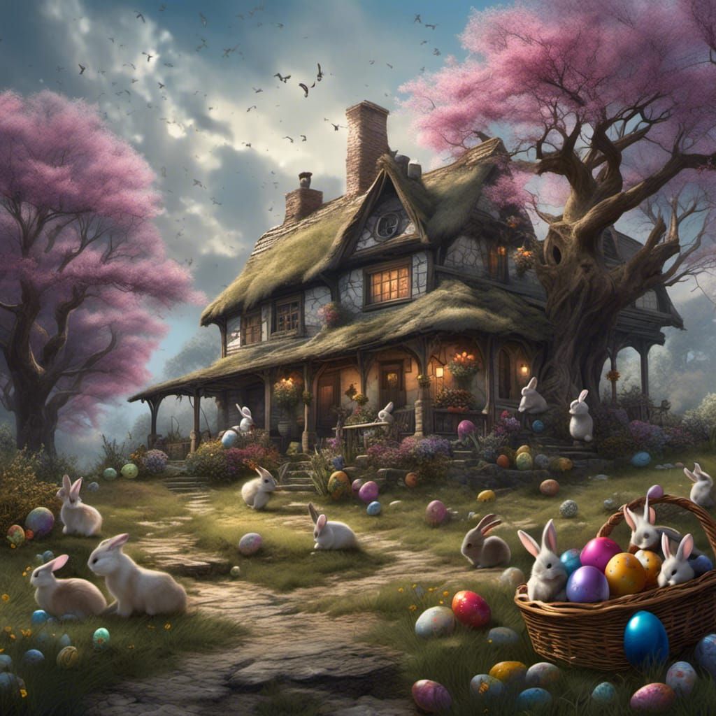 Black and White Bunnies With Easter Eggs, Watercolor