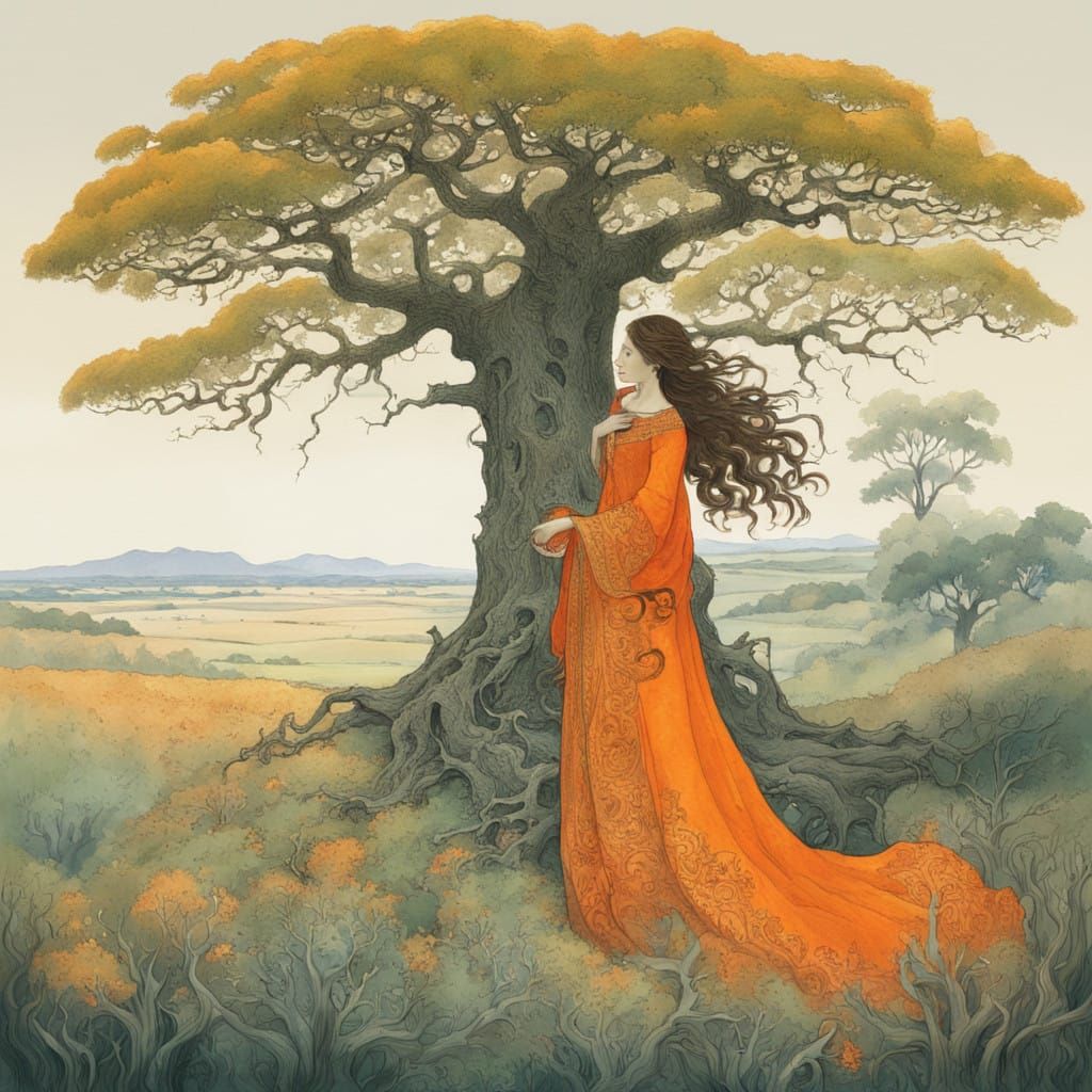 Vibrant Orange Goddess Embracing Ancient Oak in Whimsical La...