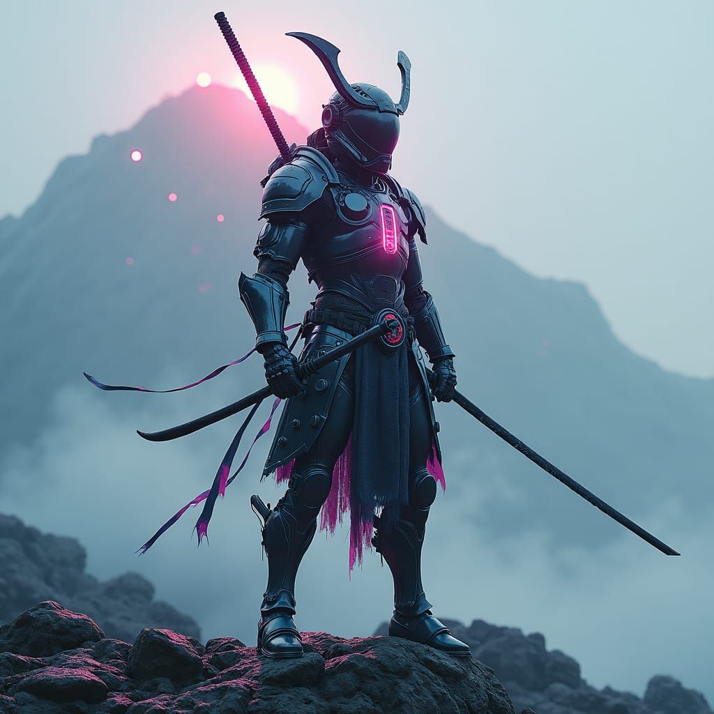 Cyberpunk Samurai in Exosuit Armor on Neon Mountain