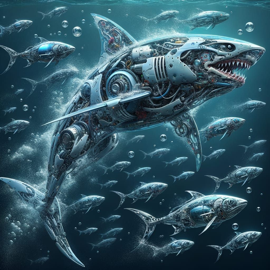 Surreal Biomechanical Shark in Hyper-Realistic Digital Art