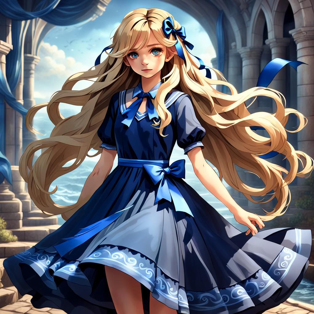 Blonde Woman in Blue Dress: Fantasy Concept Art