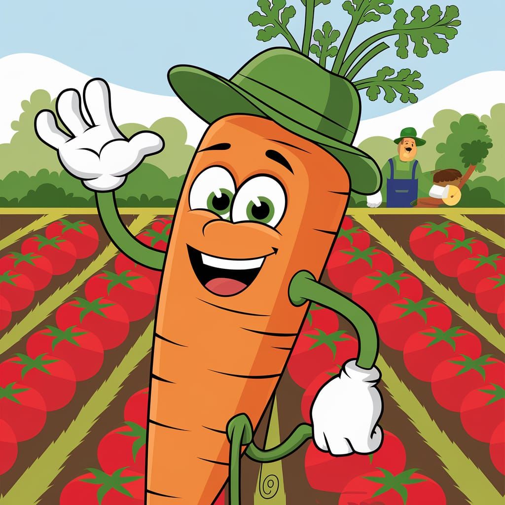 Cartoon Carrot Character in Field with Farmer