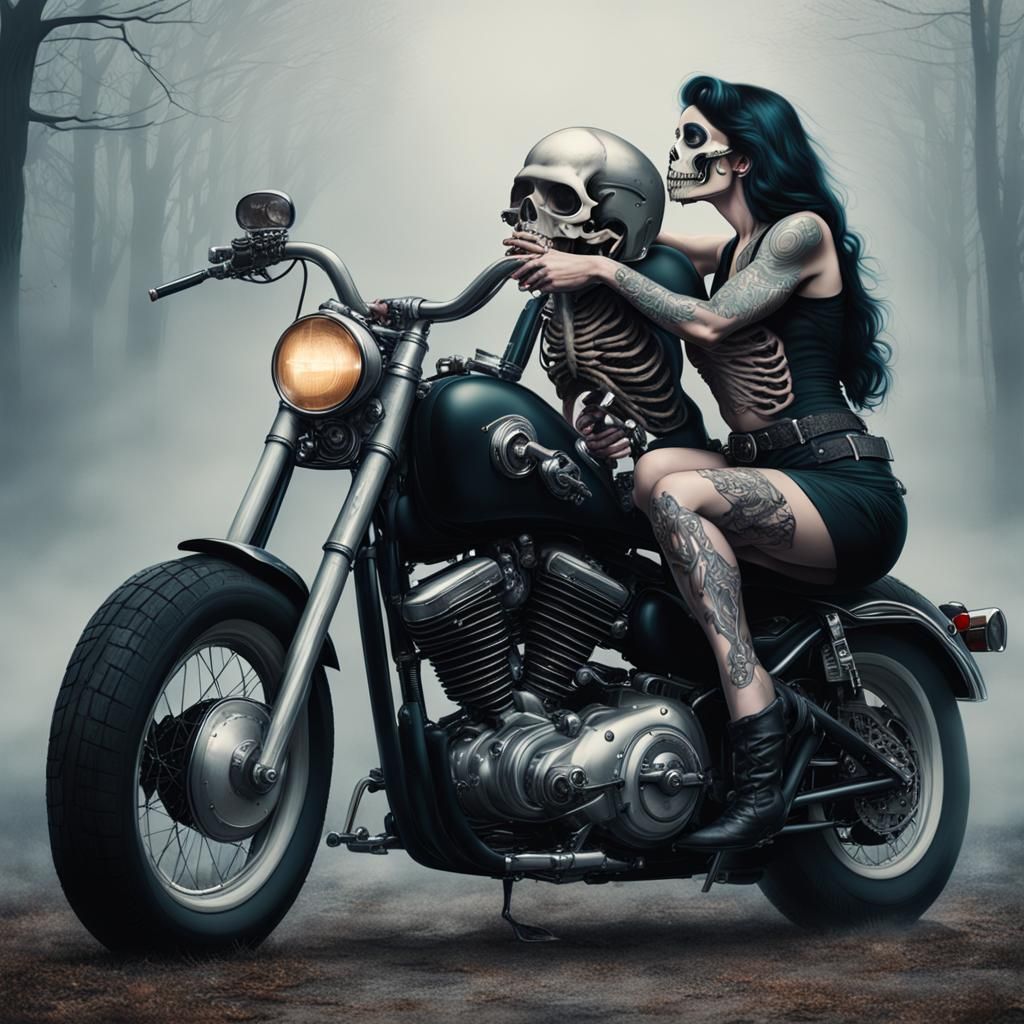 Tattooed Pinup Kisses Skeleton Beside Motorcycle