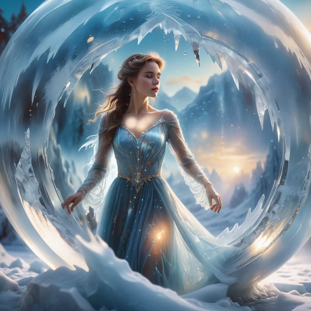 Ethereal Woman in Ice Sphere: A Dreamy Fantasy