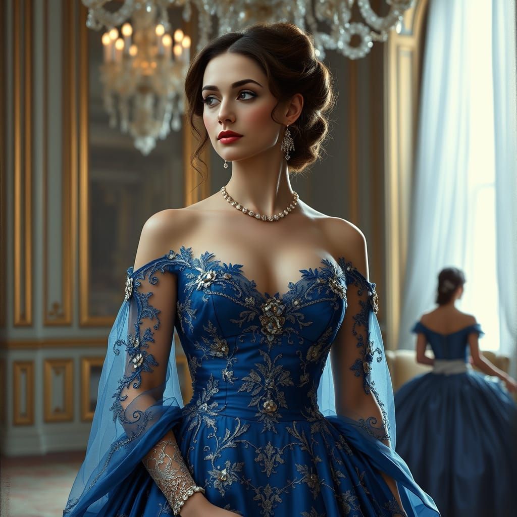 Regal Woman in Sapphire Gown in Grand Ballroom
