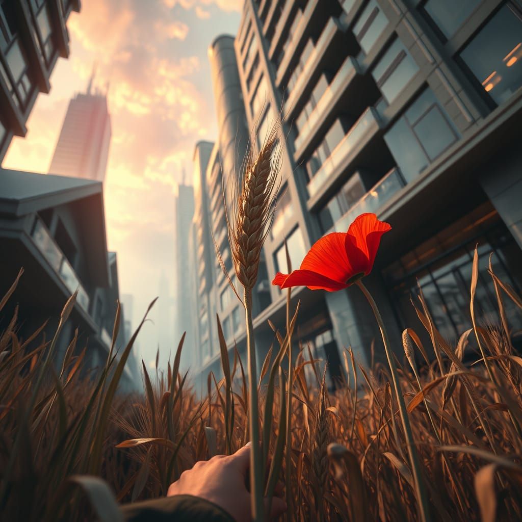 Cyberpunk Cityscape with Wheat and Poppy