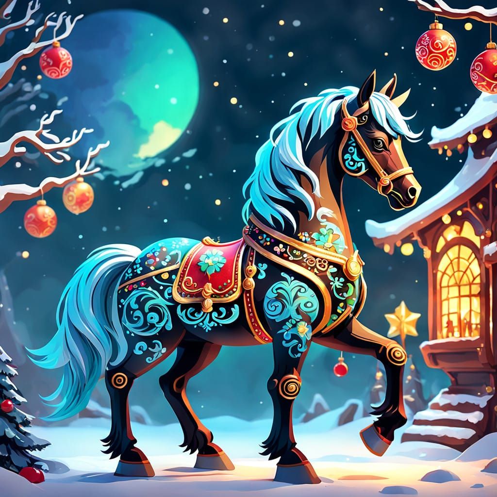 Surreal Christmas Toy Horse in Fantastical Style