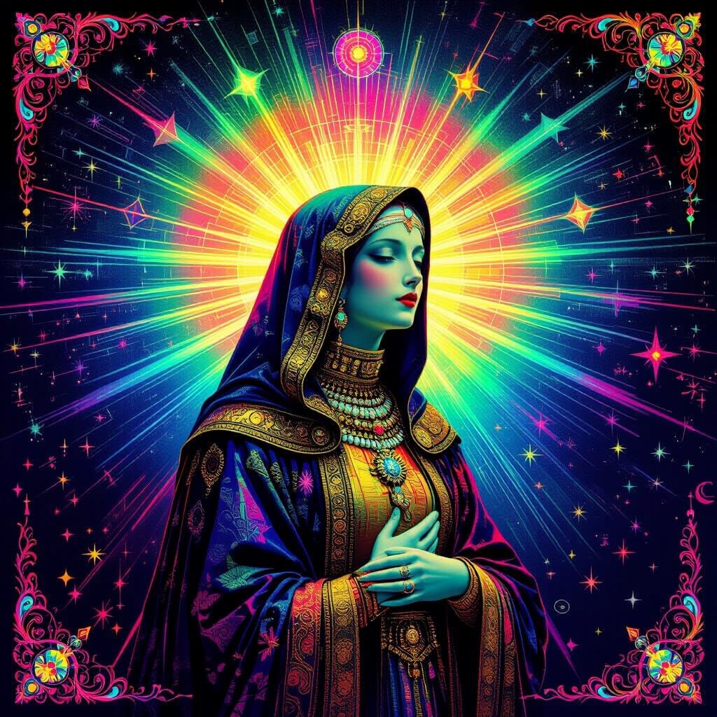 Pilgrim's Soul in Iridescent Aurora with Mystical Symbols