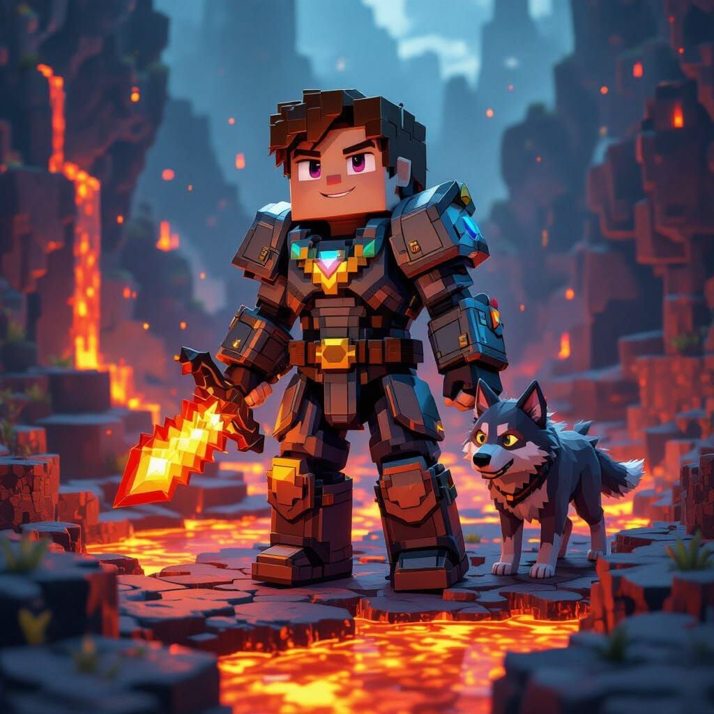 Minecraft Character With Wolf Amidst Lava in Digital Paintin...
