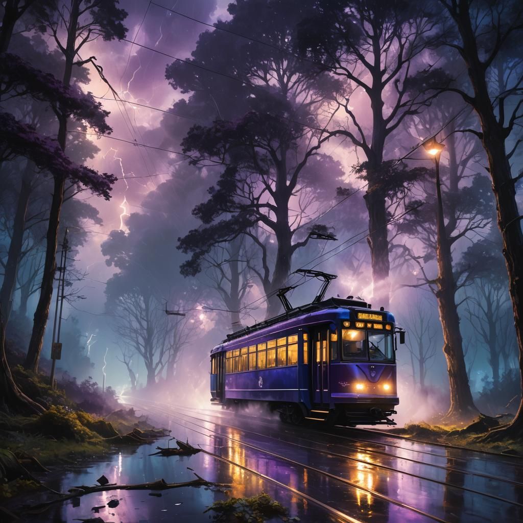 Mystical Tram Ride Through Stormy Forest