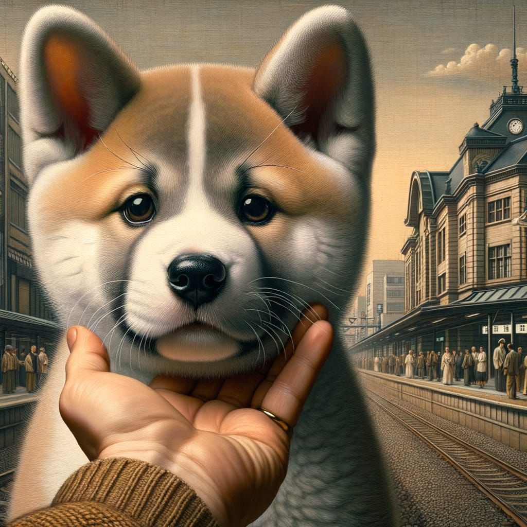 Akita Puppy Portrait in Van Eyck Style