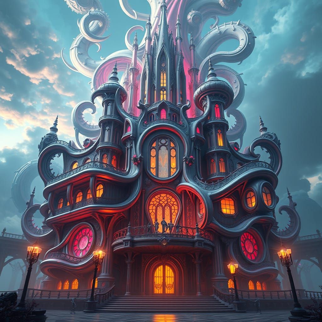 Dreamlike Futuristic Building Facade in Rich, Vibrant Colors