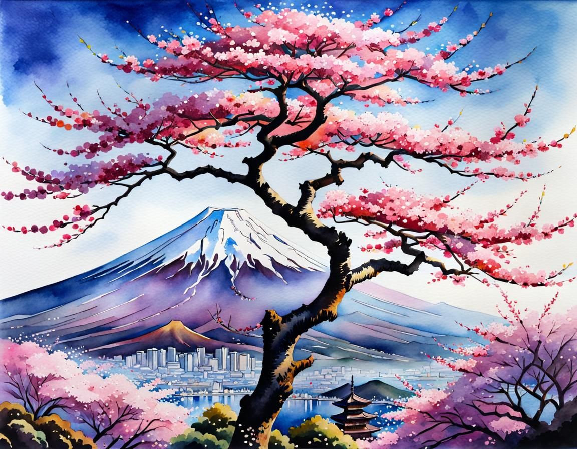 Cherry Blossom Tree with Mount Fuji in Watercolor