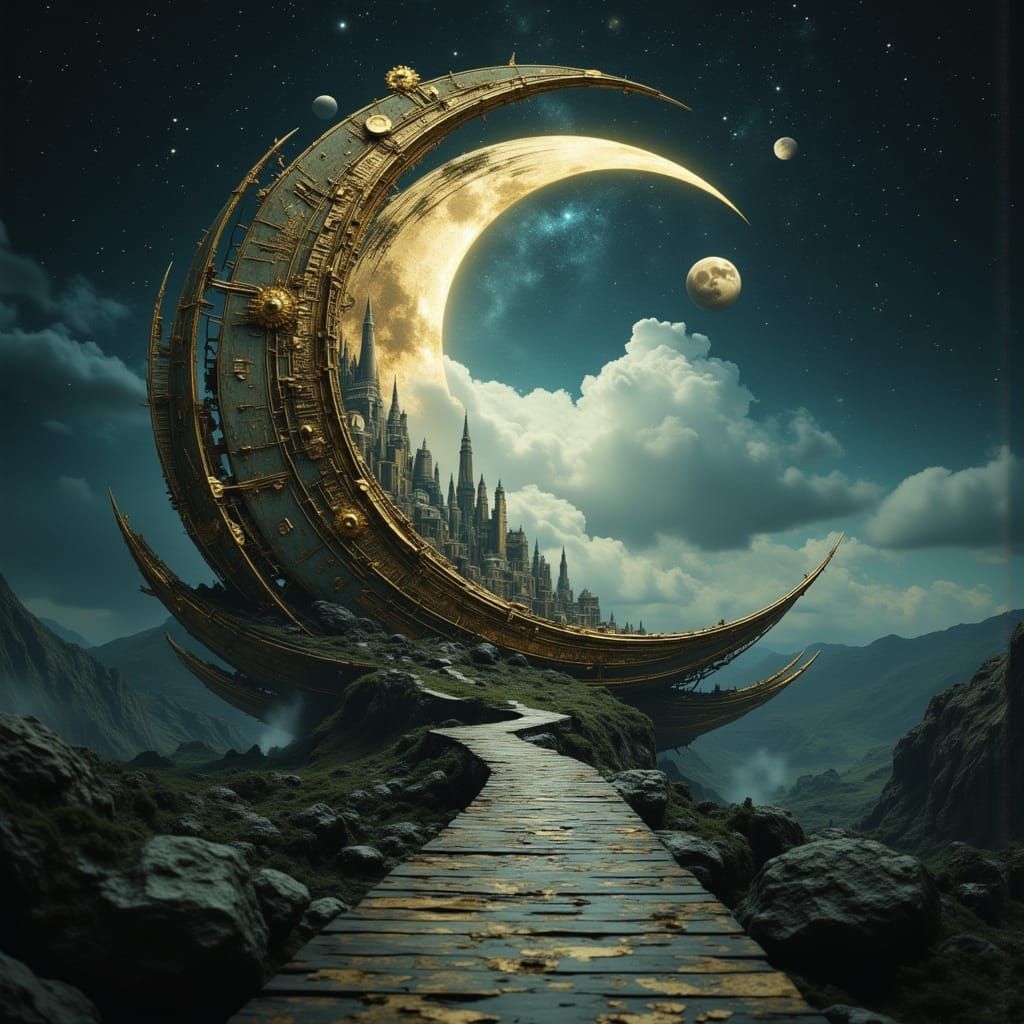 City on Crescent Moon in Surreal Dreamscape