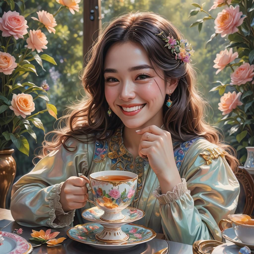 A Cup of Tea and a Smile: Photorealistic Oil Painting