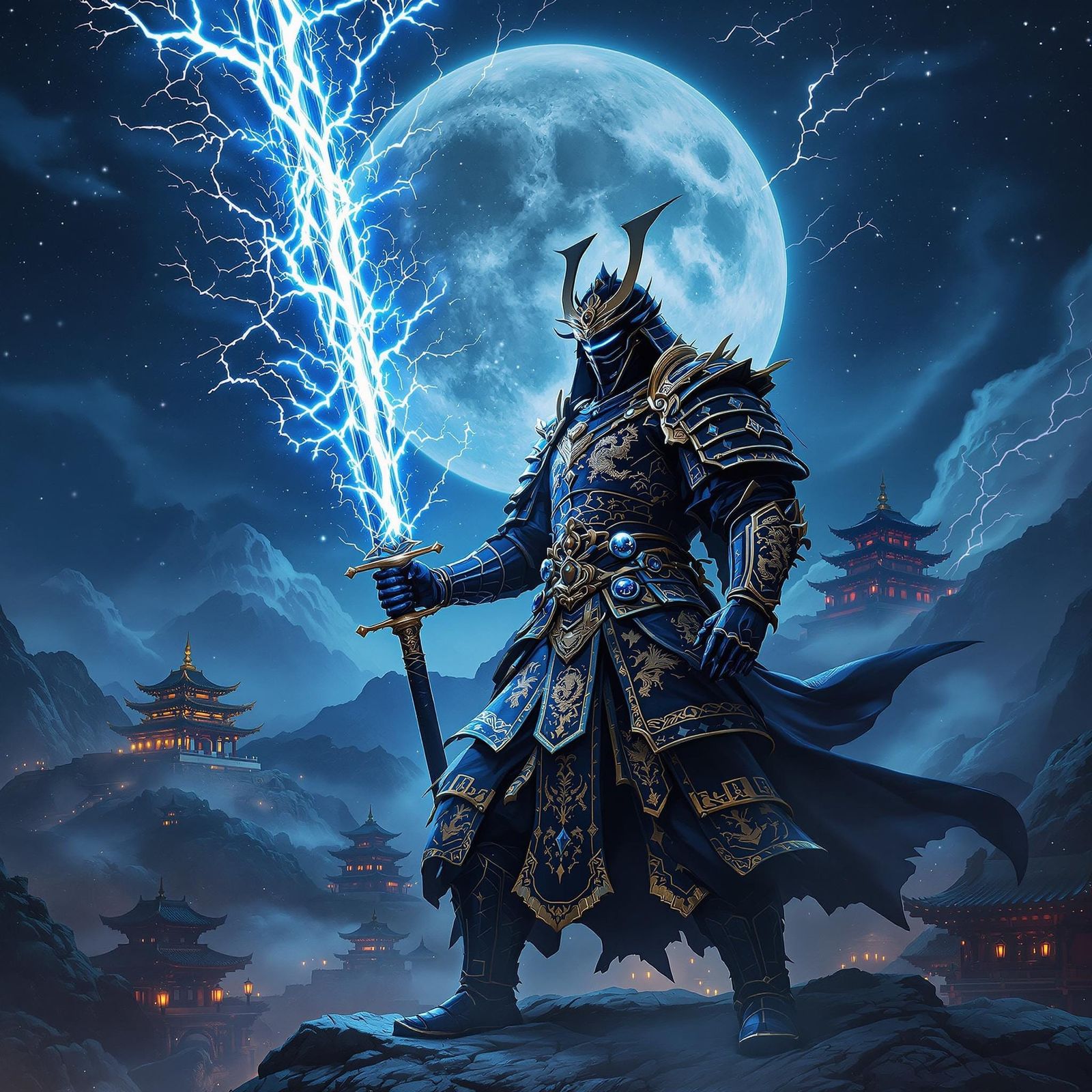 Legendary Black Samurai Amidst Ancient Temple and Starry Nig...