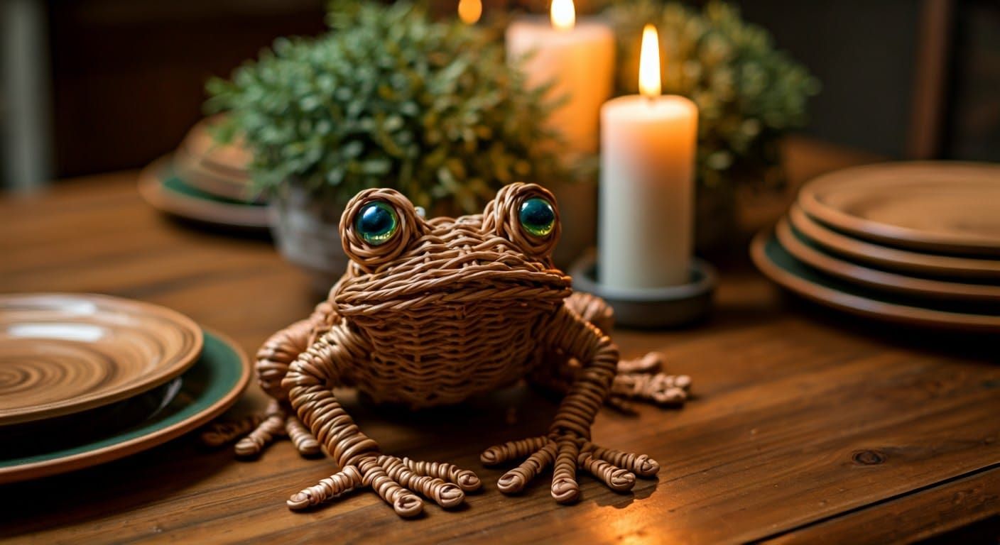 Intricately Woven Wicker Frog in Cozy Candlelit Kitchen