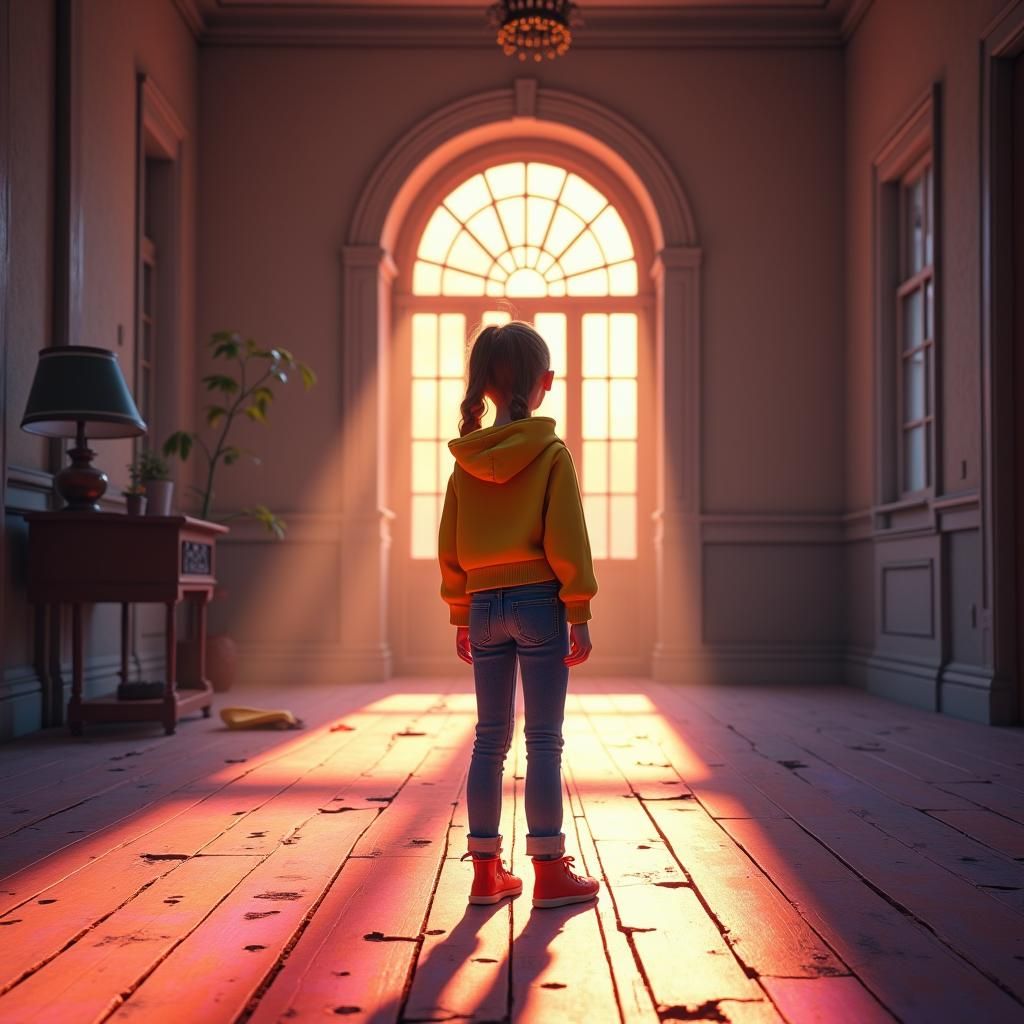 Girl in Abandoned House with Pixar-Style 3D Rendering