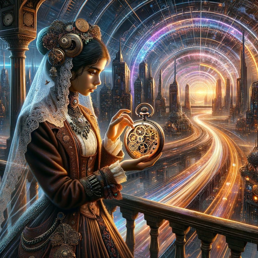 Woman in Cyberpunk City with Steampunk Watch