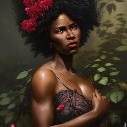 Black Woman with Rose and Thorn Afro Portrait