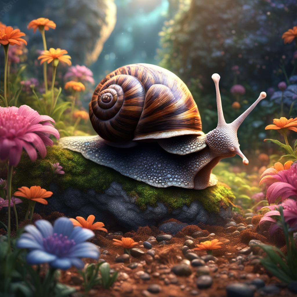 Snail in a Fantastical Flower Garden Painting