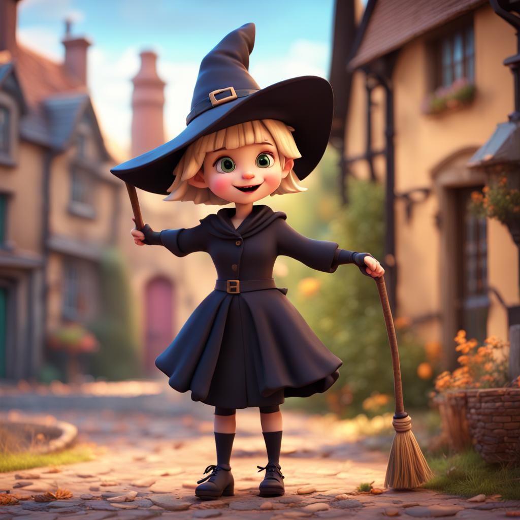 Cute Blonde Witch in English Village, 3D Art