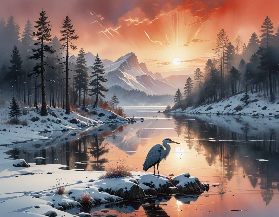 Heron on Frozen Lake at Dawn: Digital Matte Painting