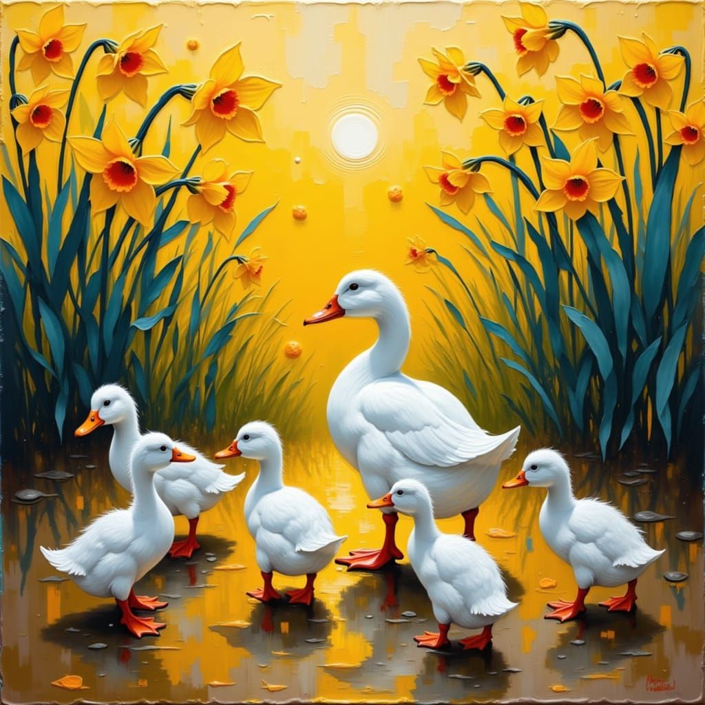 Mother Duck and Ducklings in Daffodil Garden, Modern Art Sty...