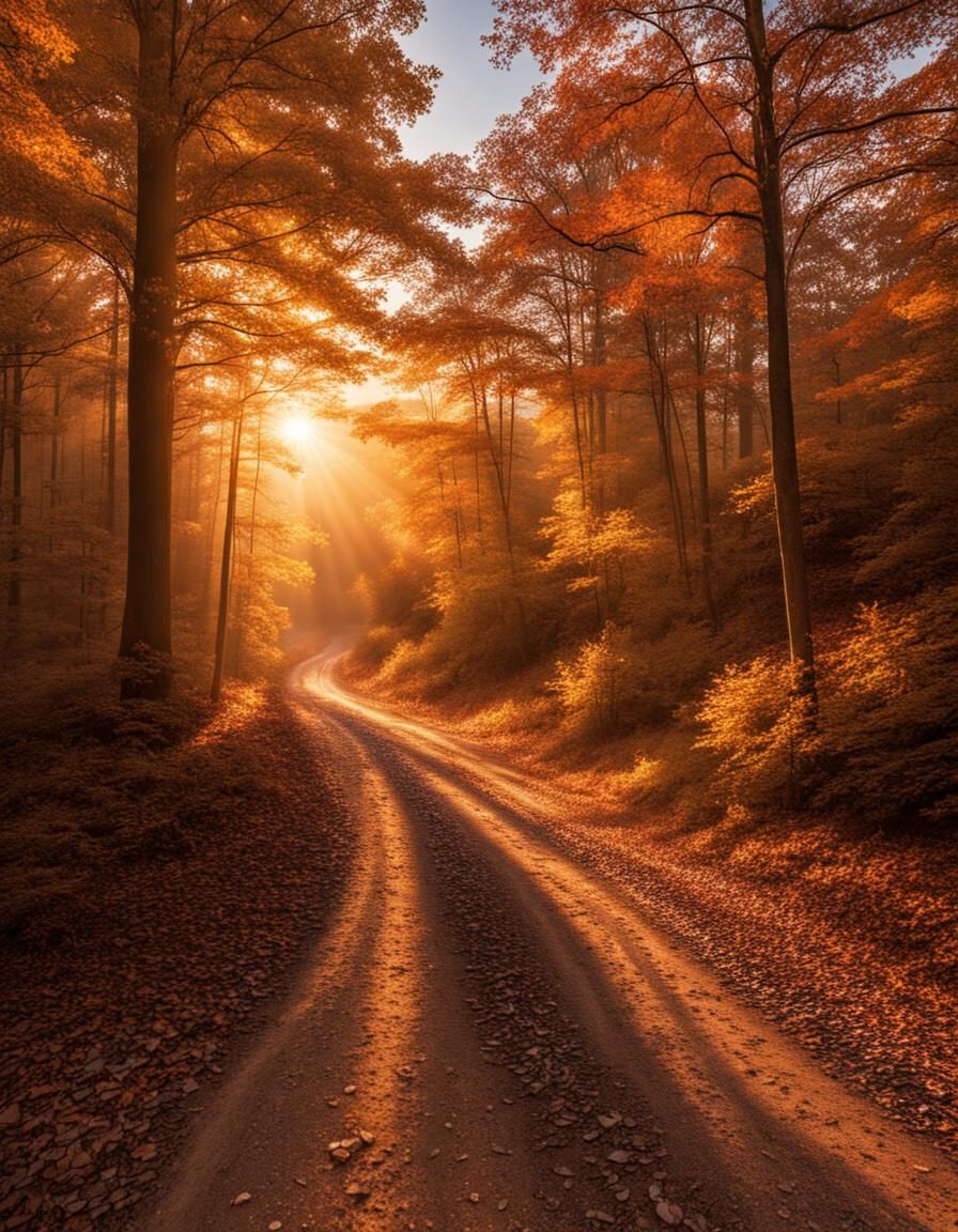 Autumn Forest Road at Sunrise in 8k
