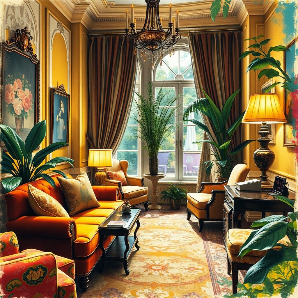 Elegant Salon in Warm Golden Light with Plush Furnishings an...