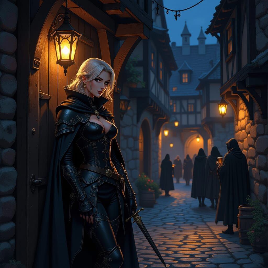 Medieval Tavern Scene with Mysterious Woman in Anime Style