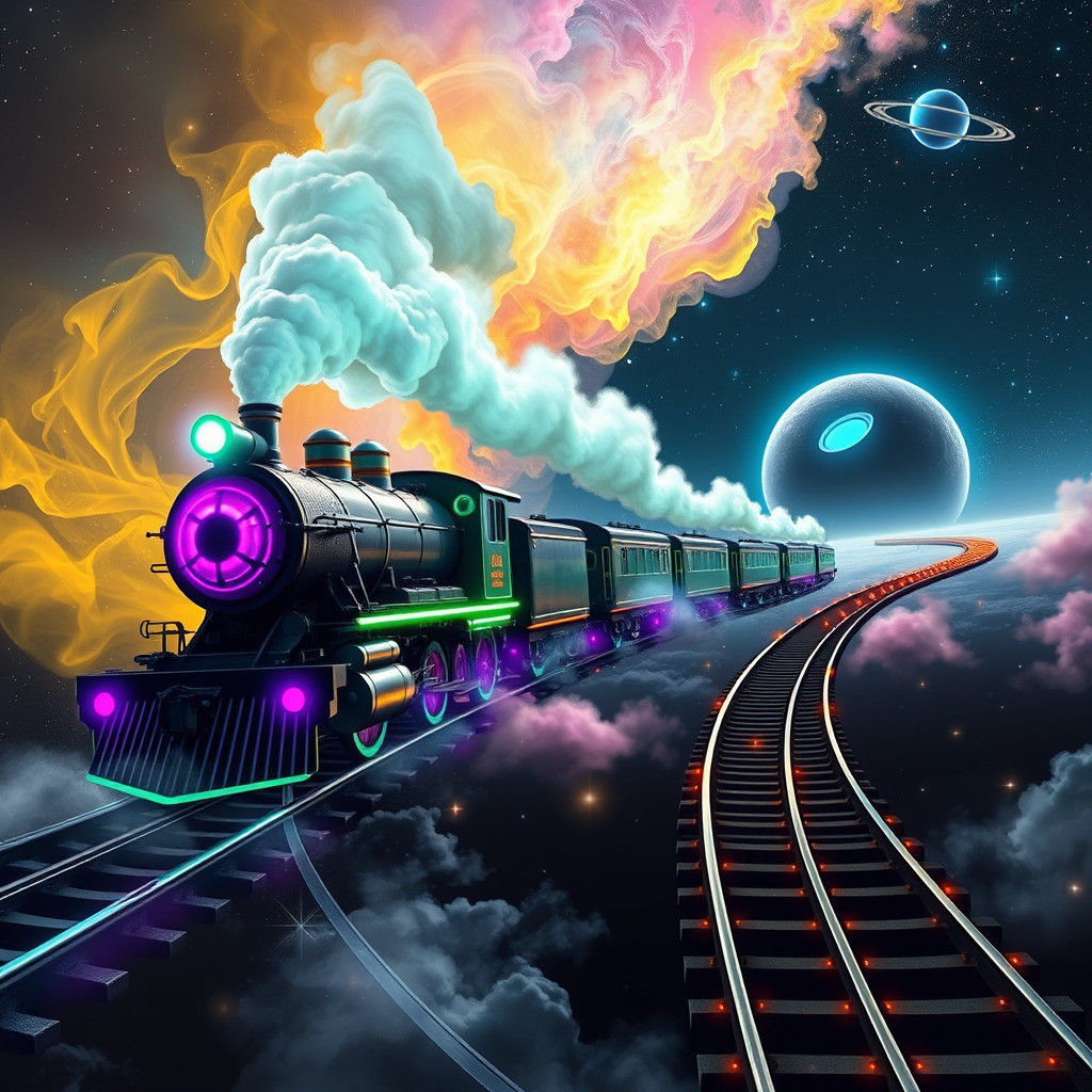 Futuristic Steam Train Banks Through Swirling Nebula