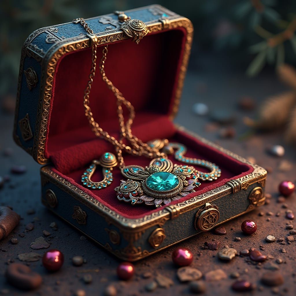 Ornate Jewel Box with Necklace, Detailed Matte Painting