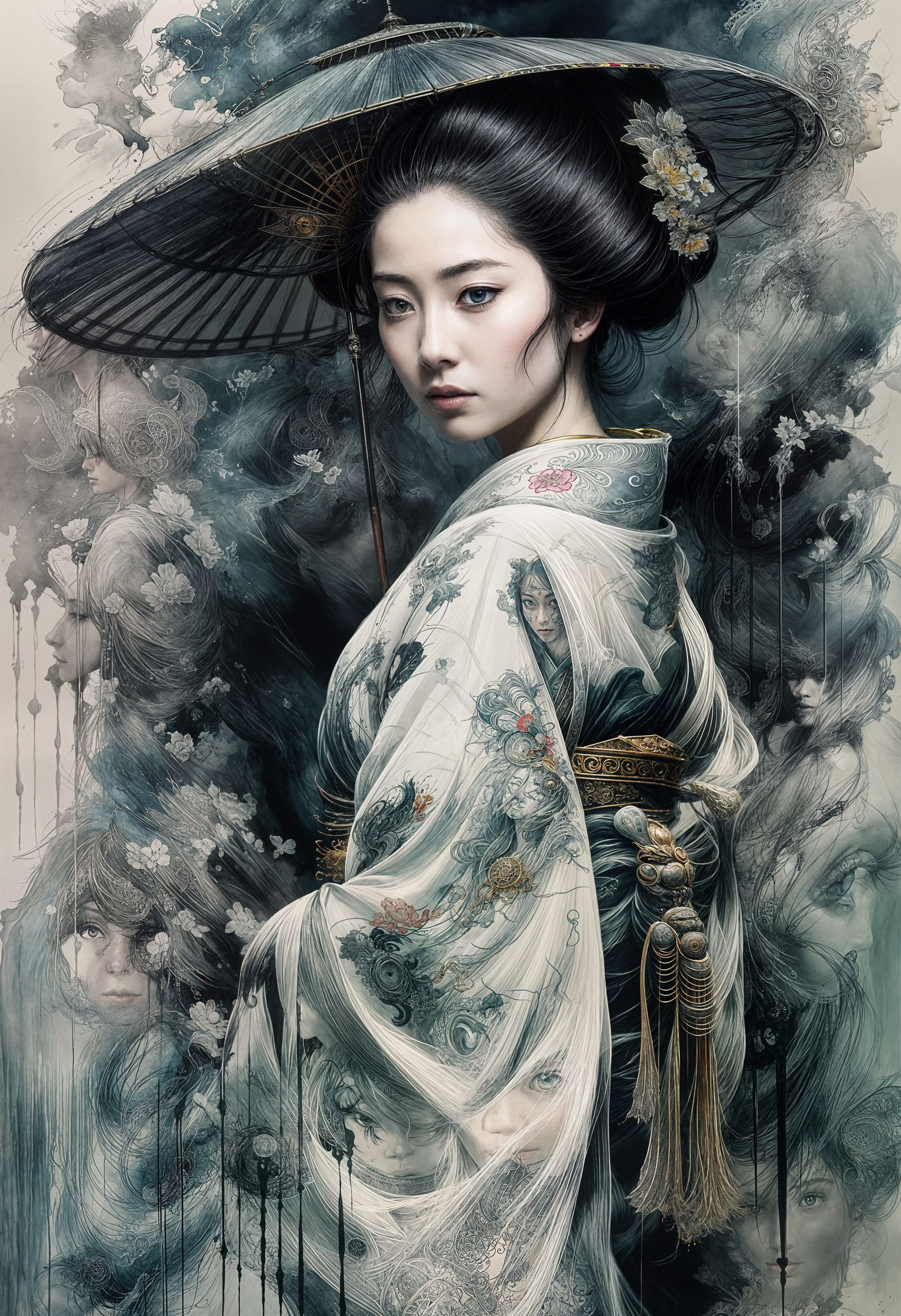Ghostly Geisha Portrait in Flowing Ink Style