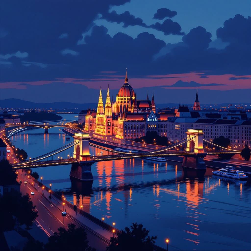 Budapest Cityscape at Dusk in Futuristic Style