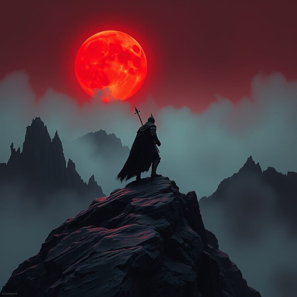 Knight in Dark Plate Mail Stands under Blood Moon