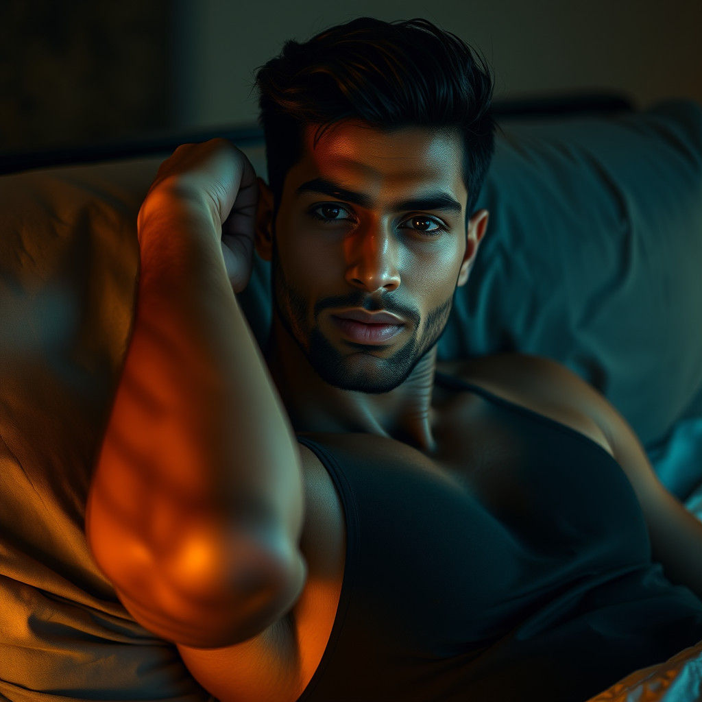 Attractive Indian Man with Muscular Build in Cinematic Light...