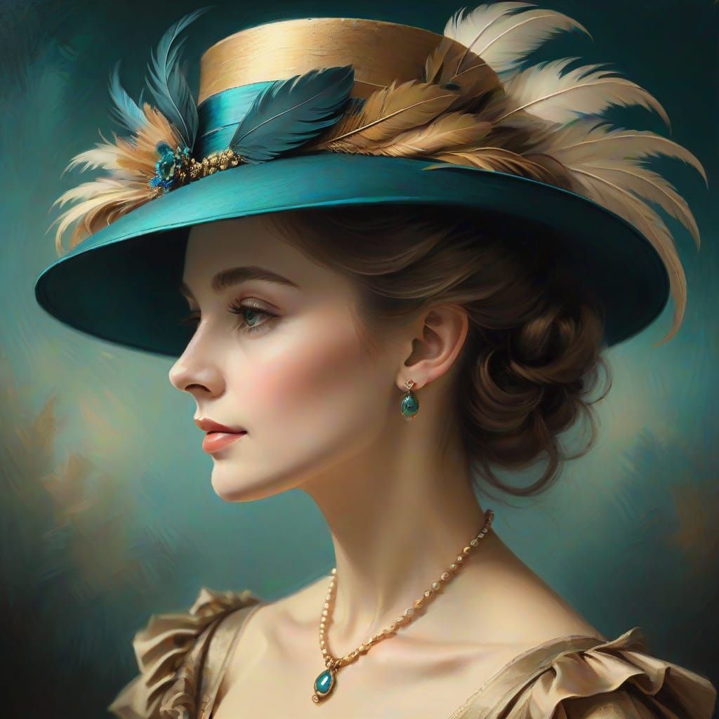 Elegant 19th Century Lady in Hat, Sepia Tones, Golden Accent...