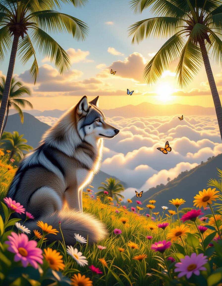 Wolf in Tropical Sunset Meadow with Glowing Garden