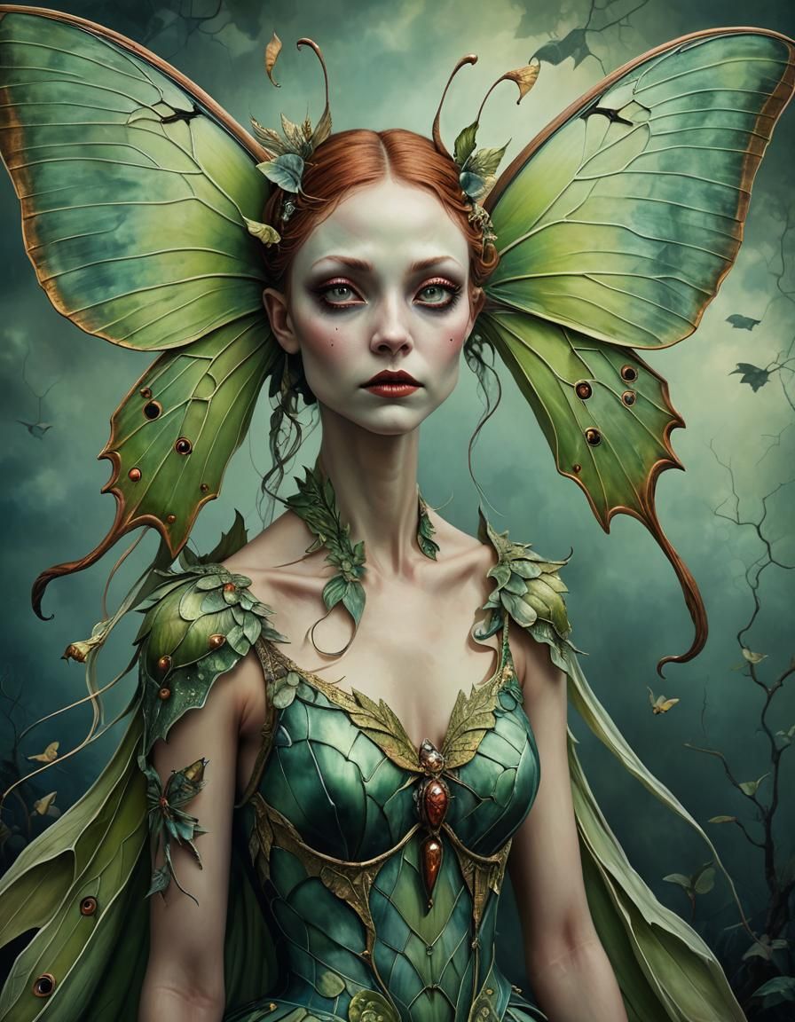 Esao Andrews style, full body shot dragon {luna moth} lady, ultra detail, ultra realism, whimsical makeup