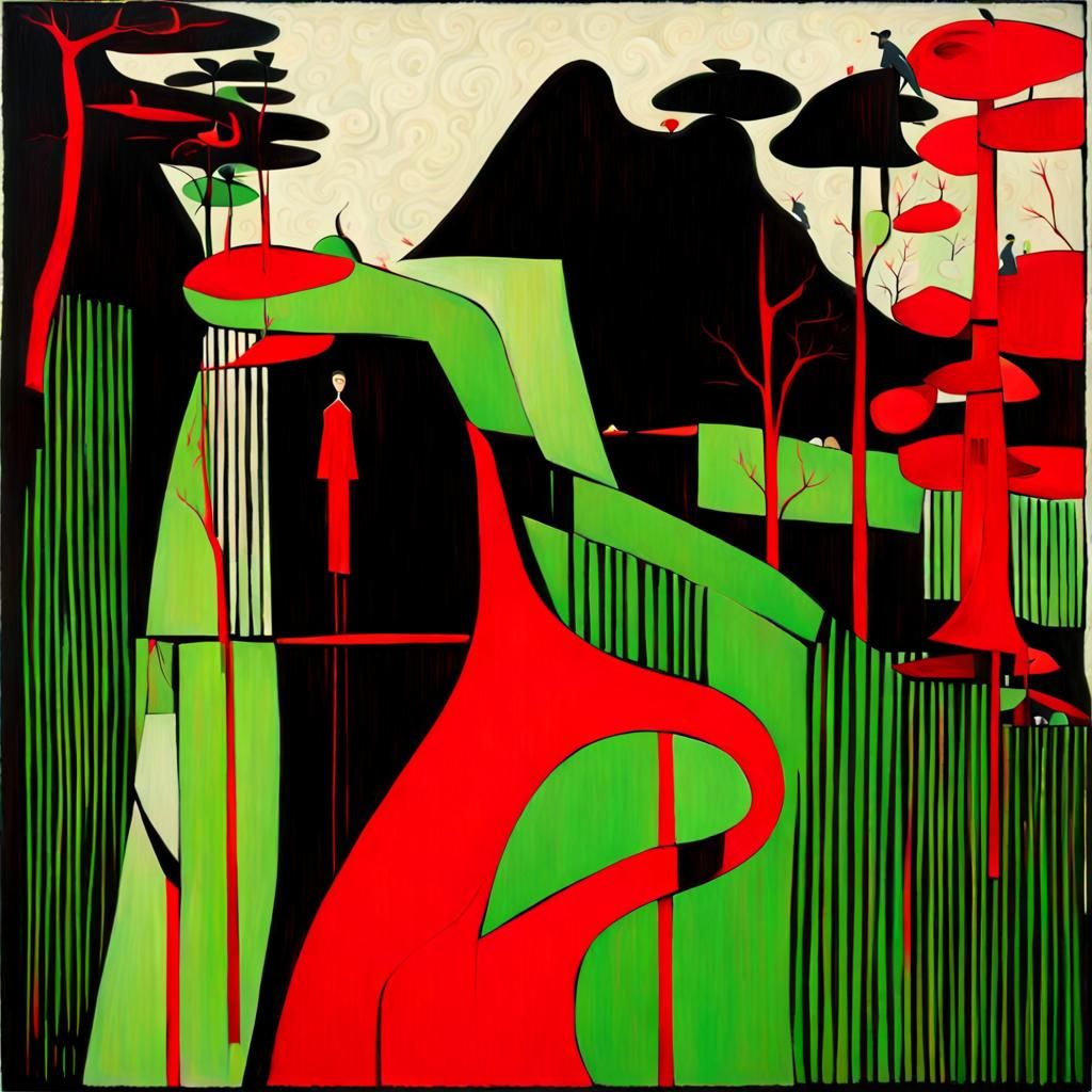 Abstract Figure in Naive Art Landscape