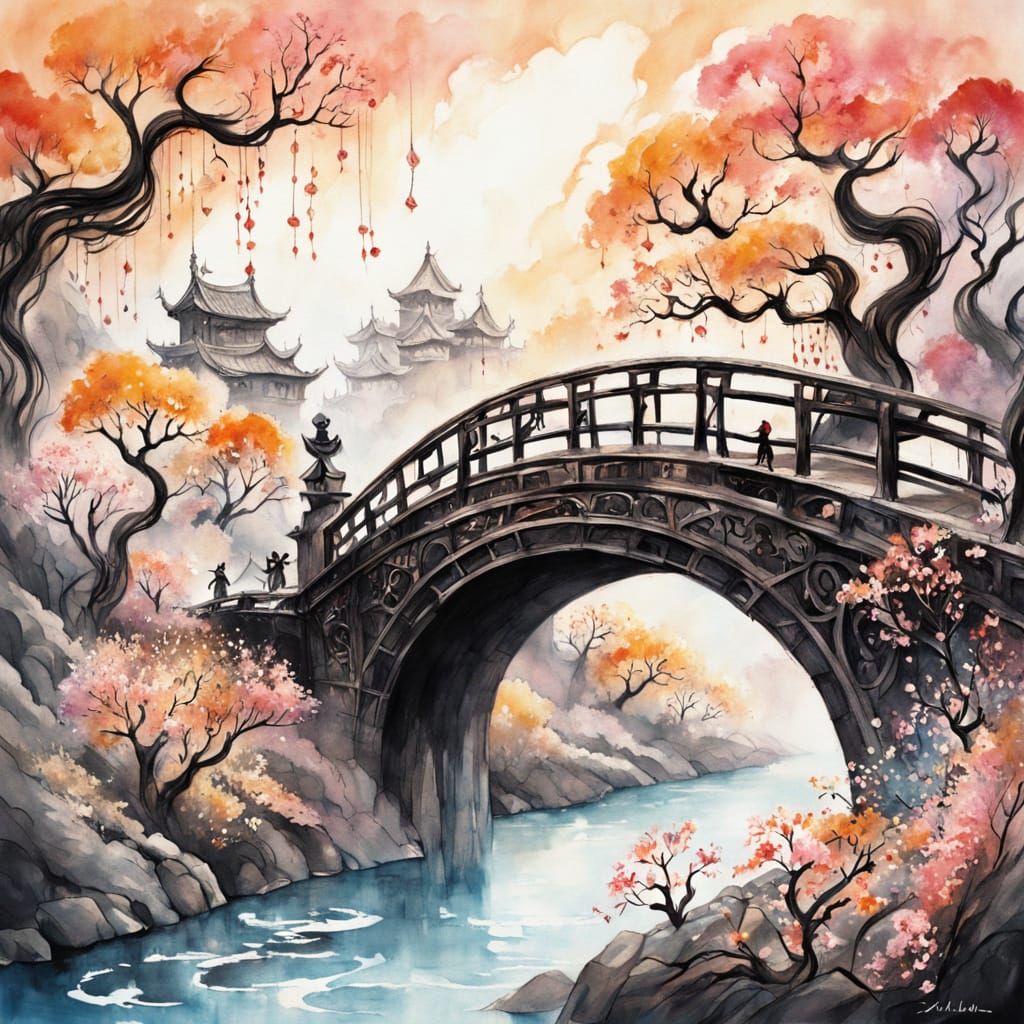 Sumi-e Painting of Licorice Bridge with Gingerbread Figures