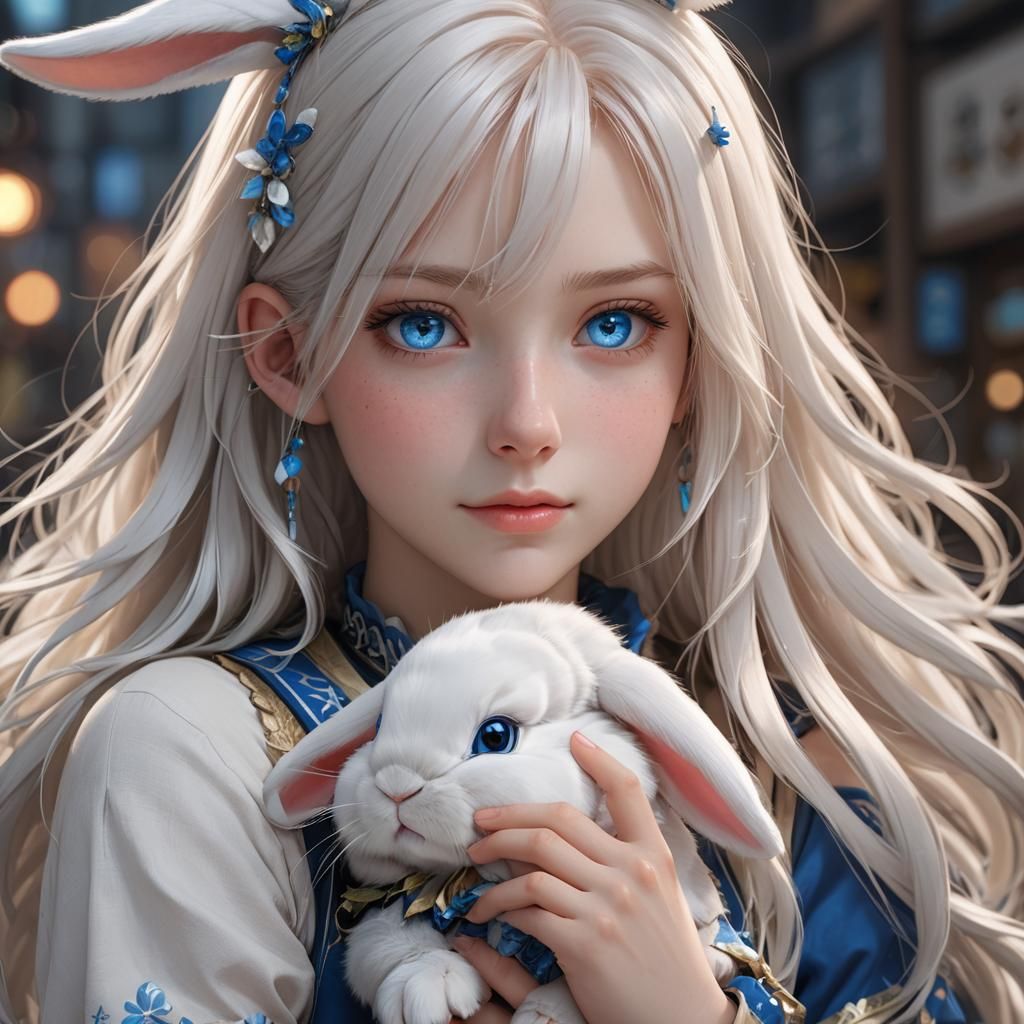 Anime Girl with Bunny in 3D Rendered Style