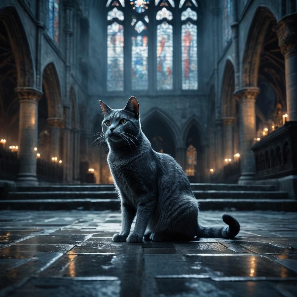 Ethereal Nighttime Cathedral Encounter with a Grey Ninja Cat