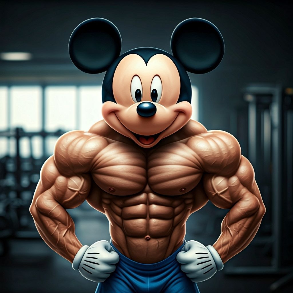 Hyperrealistic Mickey Mouse Bodybuilder at the Gym
