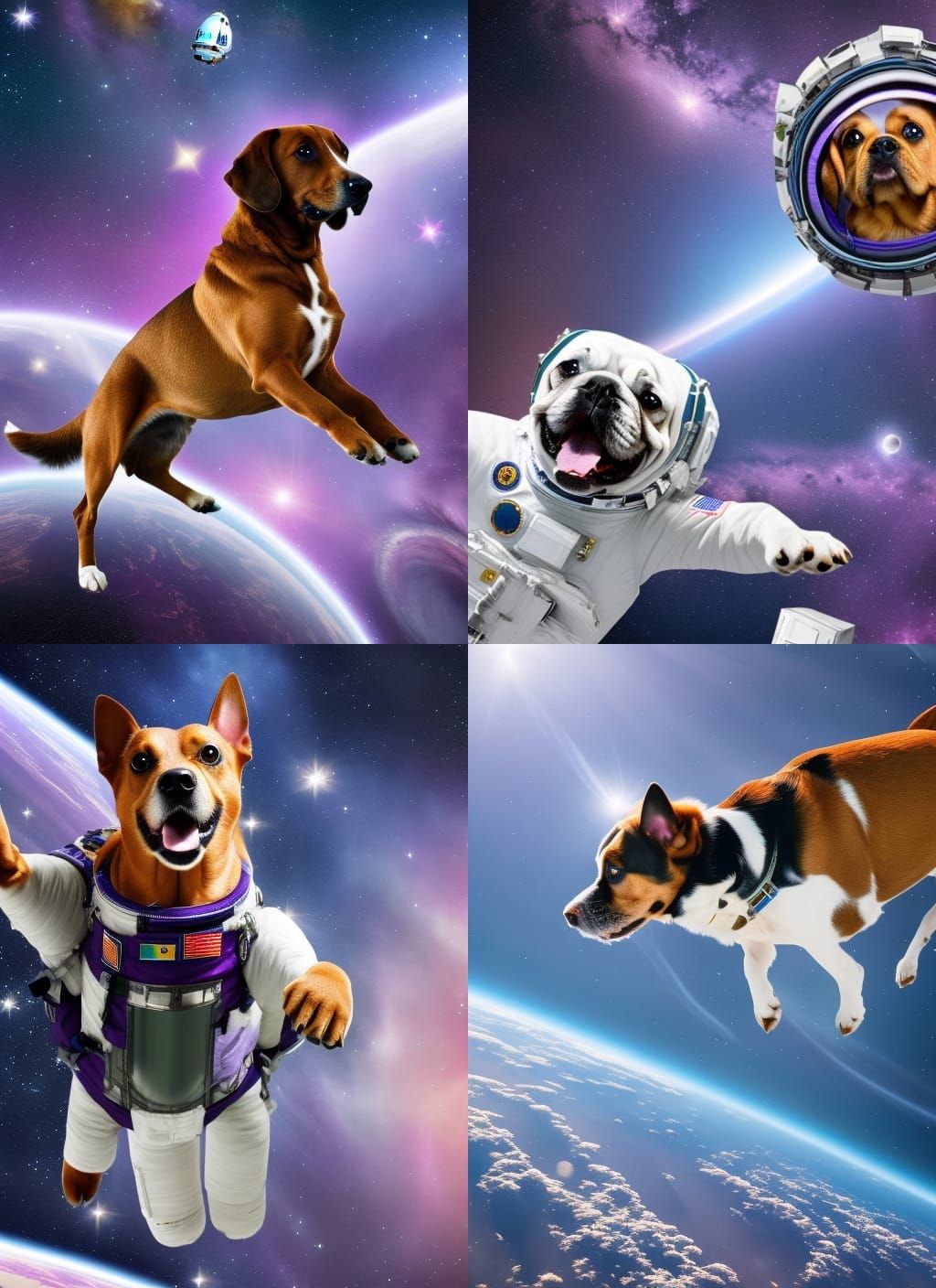 Dog Astronaut Flying Through Purple Starry Space