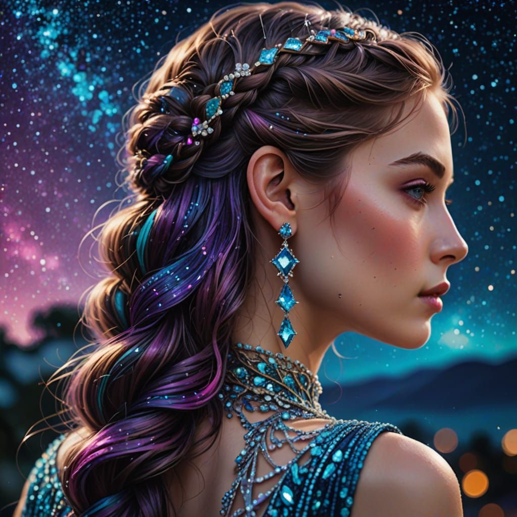 Iridescent Long Plait Sparkles Under Vibrant Starry Night Sk...